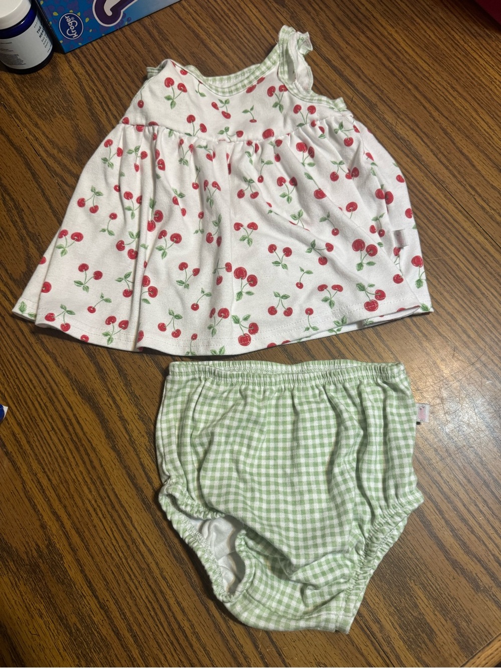 White Cherry Print Tank Top with Green Gingham Bloomers - Kids Matching Set